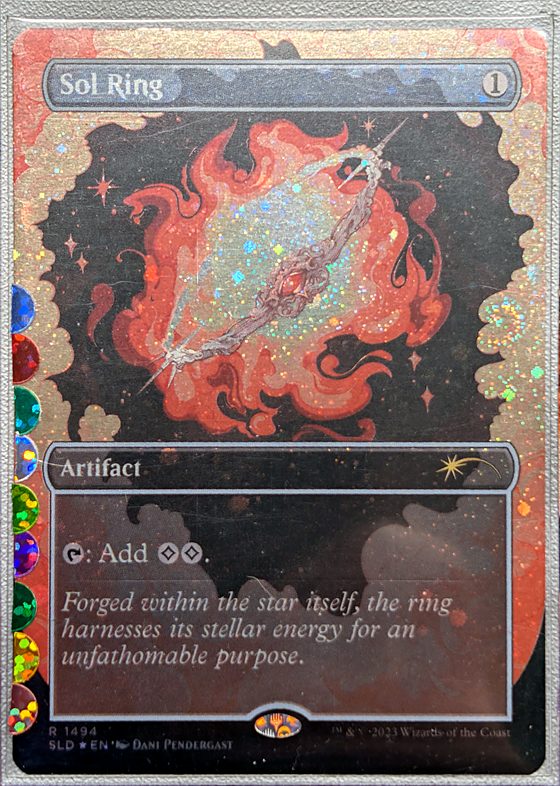 A sleeved Sol Ring with nine colored stickers down the left edge of the sleeve.